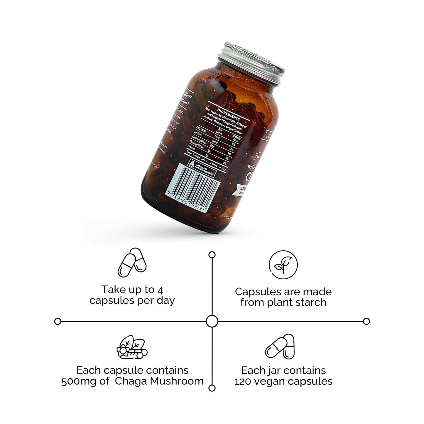 Wild chaga mushroom supplement bottle with silver cap, back label view