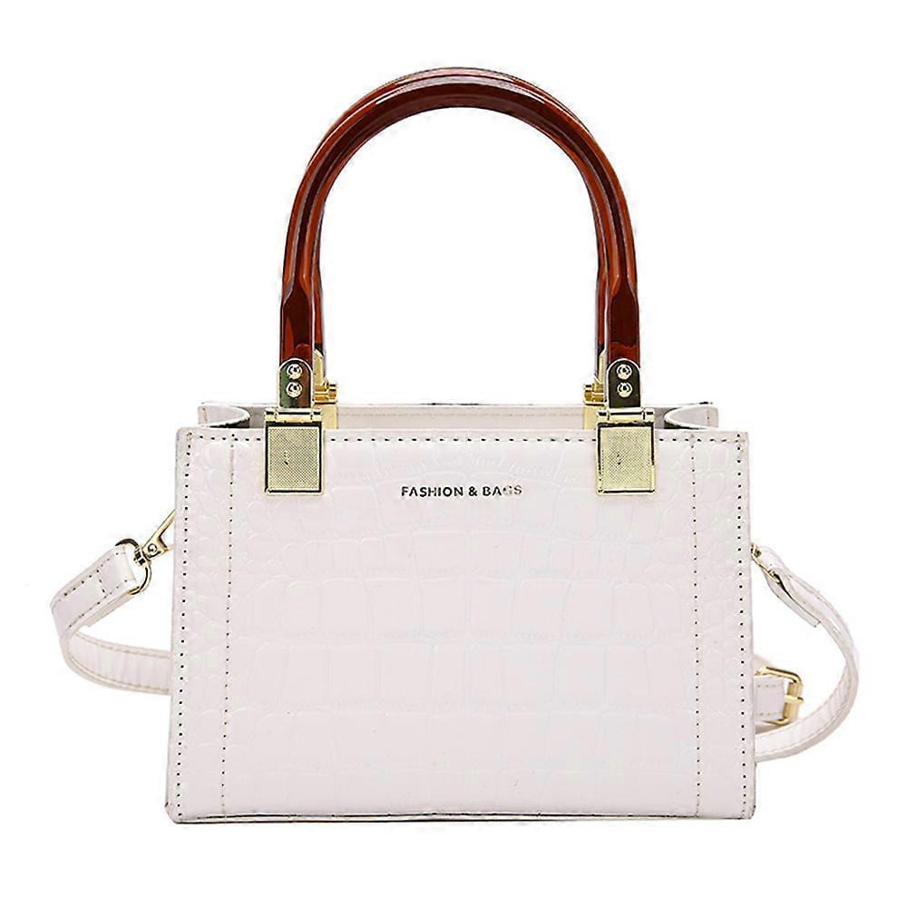 White PU leather messenger tote bag with top handles, gold hardware, front logo