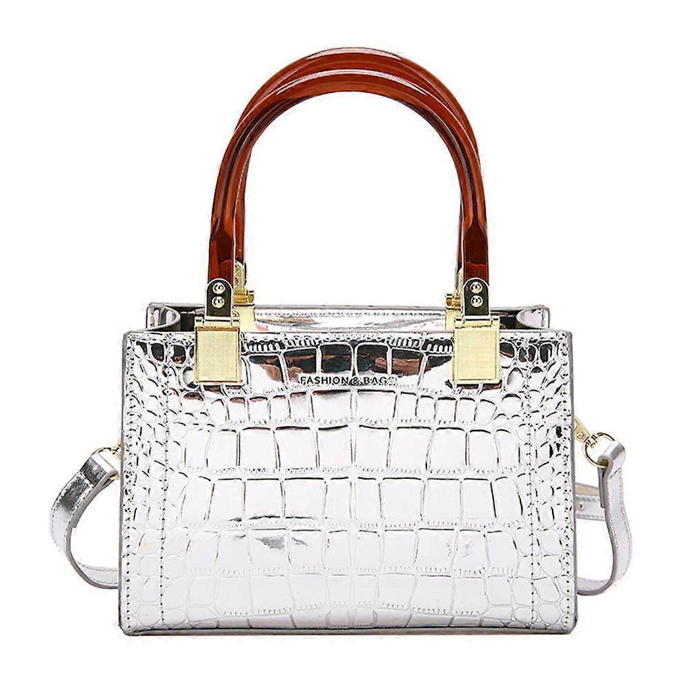 White croc-texture PU leather messenger tote bag with top handles and gold clasp