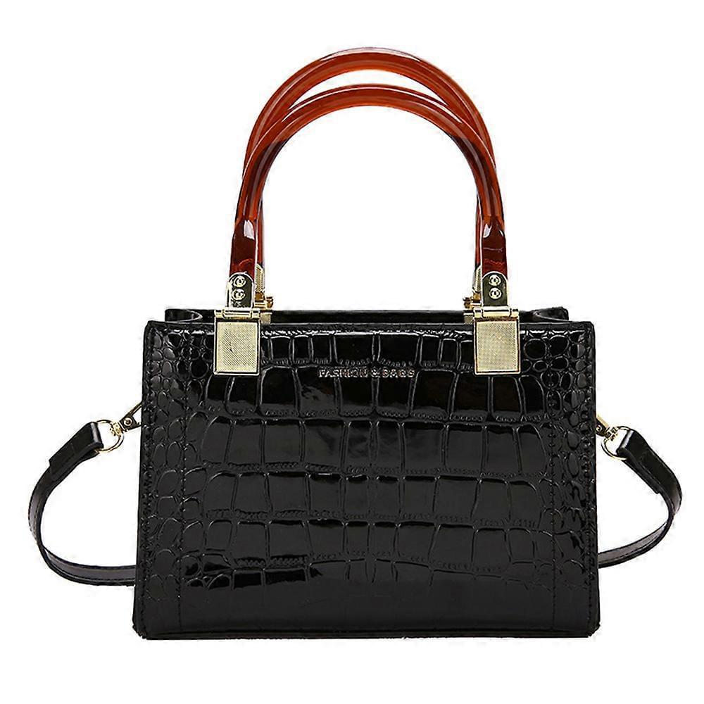 Women's retro PU leather messenger bag, black croc-embossed, top handles and shoulder strap