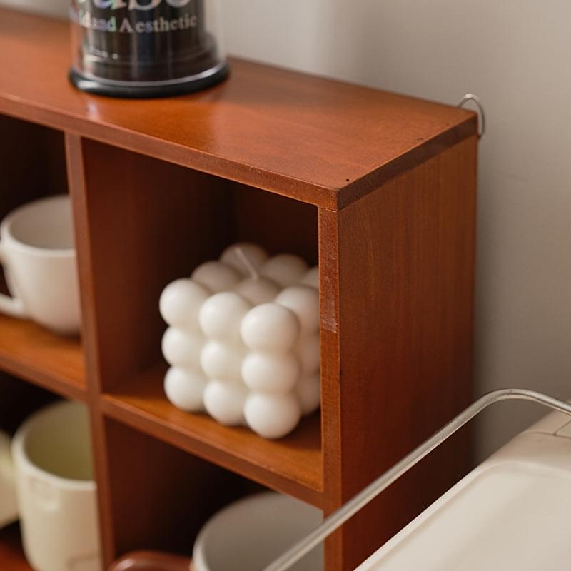 Wood cup organizer cabinet corner compartment with stacked white items