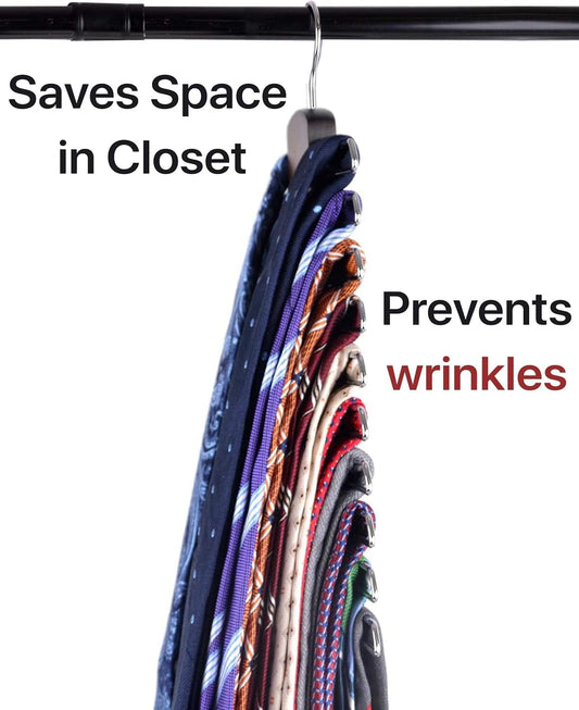 Wood belt and scarf hanger holding stacked navy ties on metal hooks