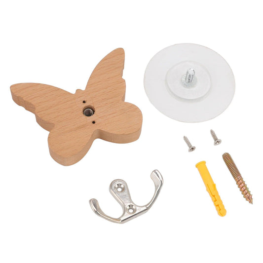 Wooden butterfly wall hook kit with butterfly base, chrome hooks, screws, and plate