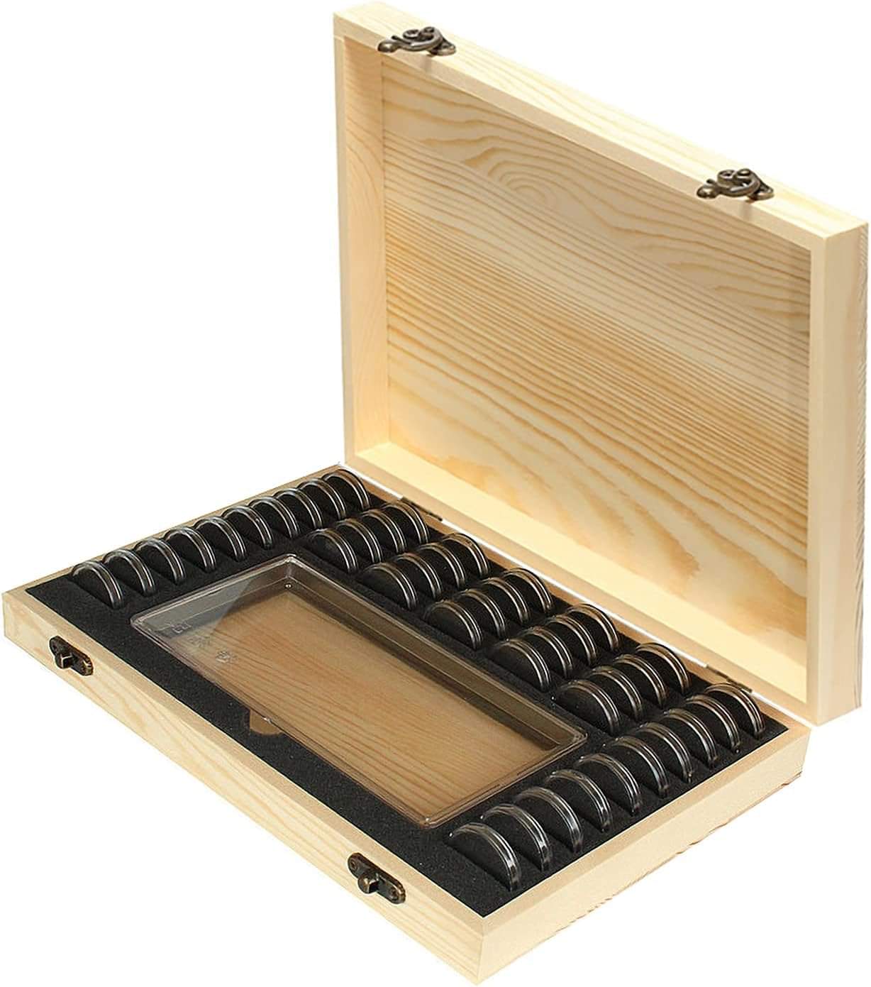 Wooden coin capsule storage case with hinged top and black insert tray for coins
