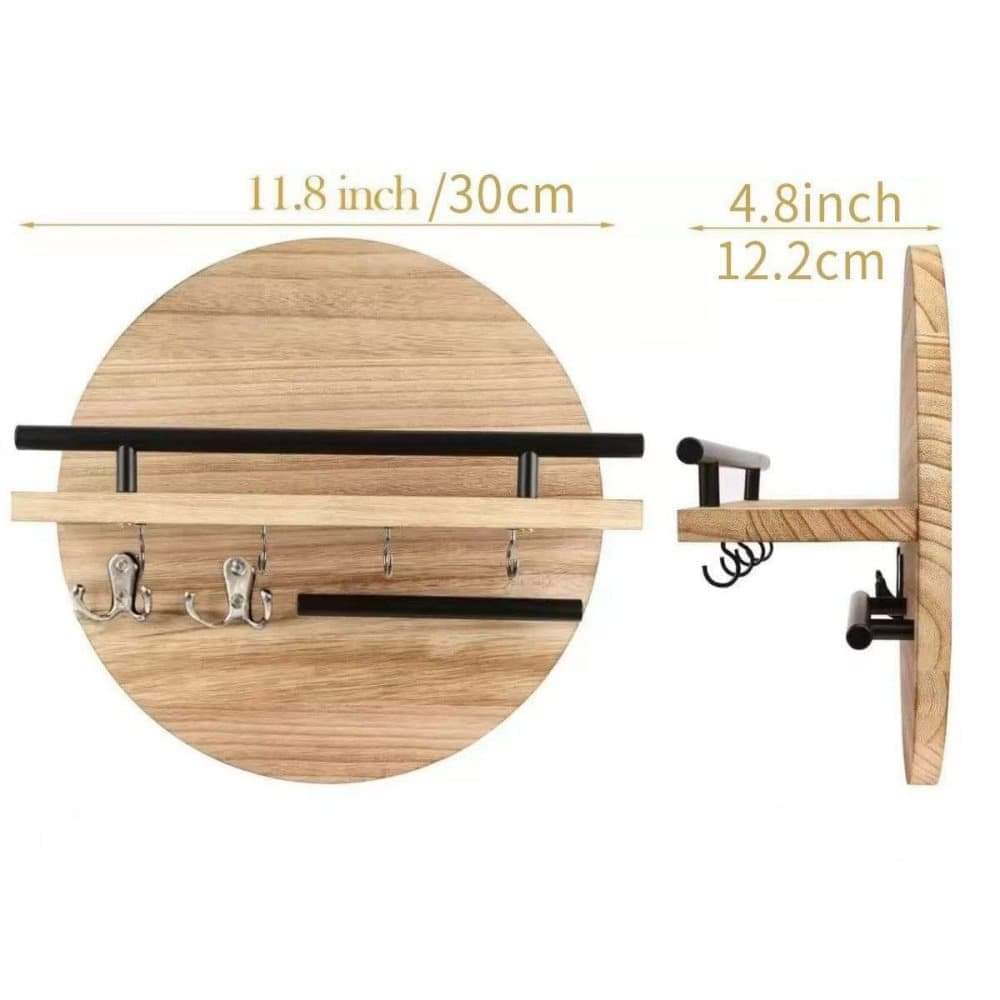 Wooden key holder with shelf bar, metal hooks, and illustrated size measurements