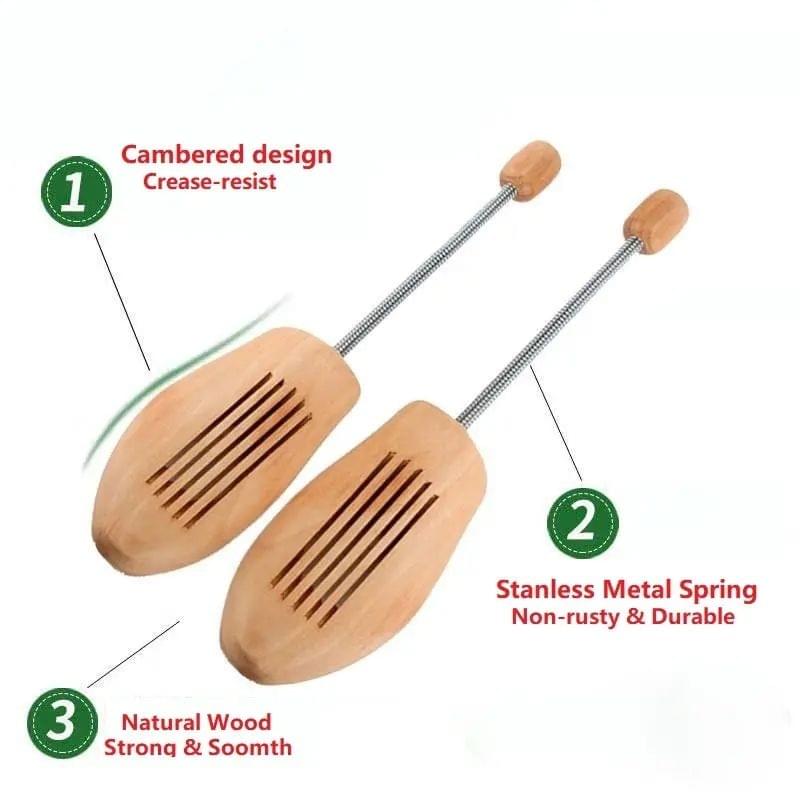 Wooden shoe blocks with metal spring and slatted ventilation, beige wooden tone