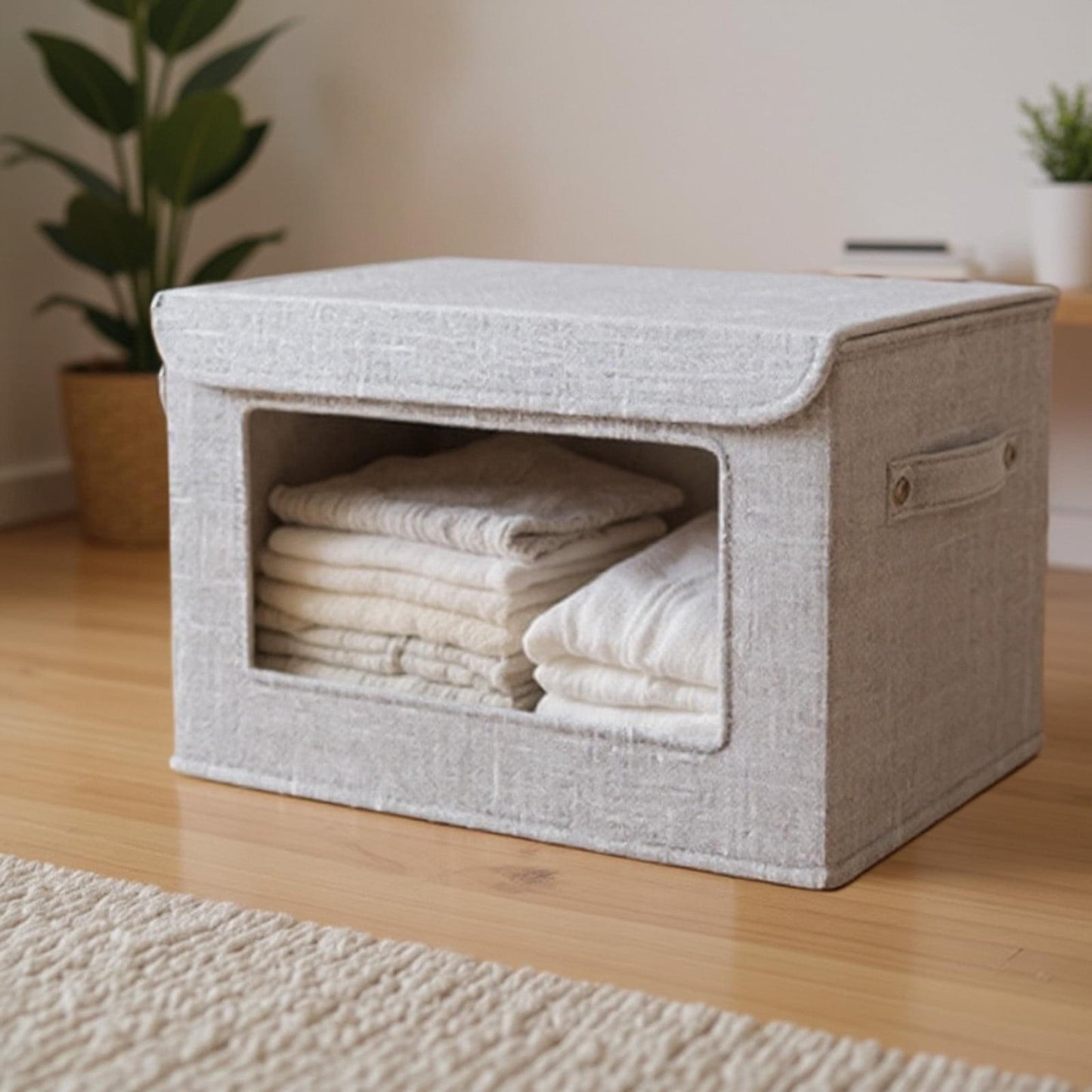 Gray foldable storage box with fabric window, folded bedding inside