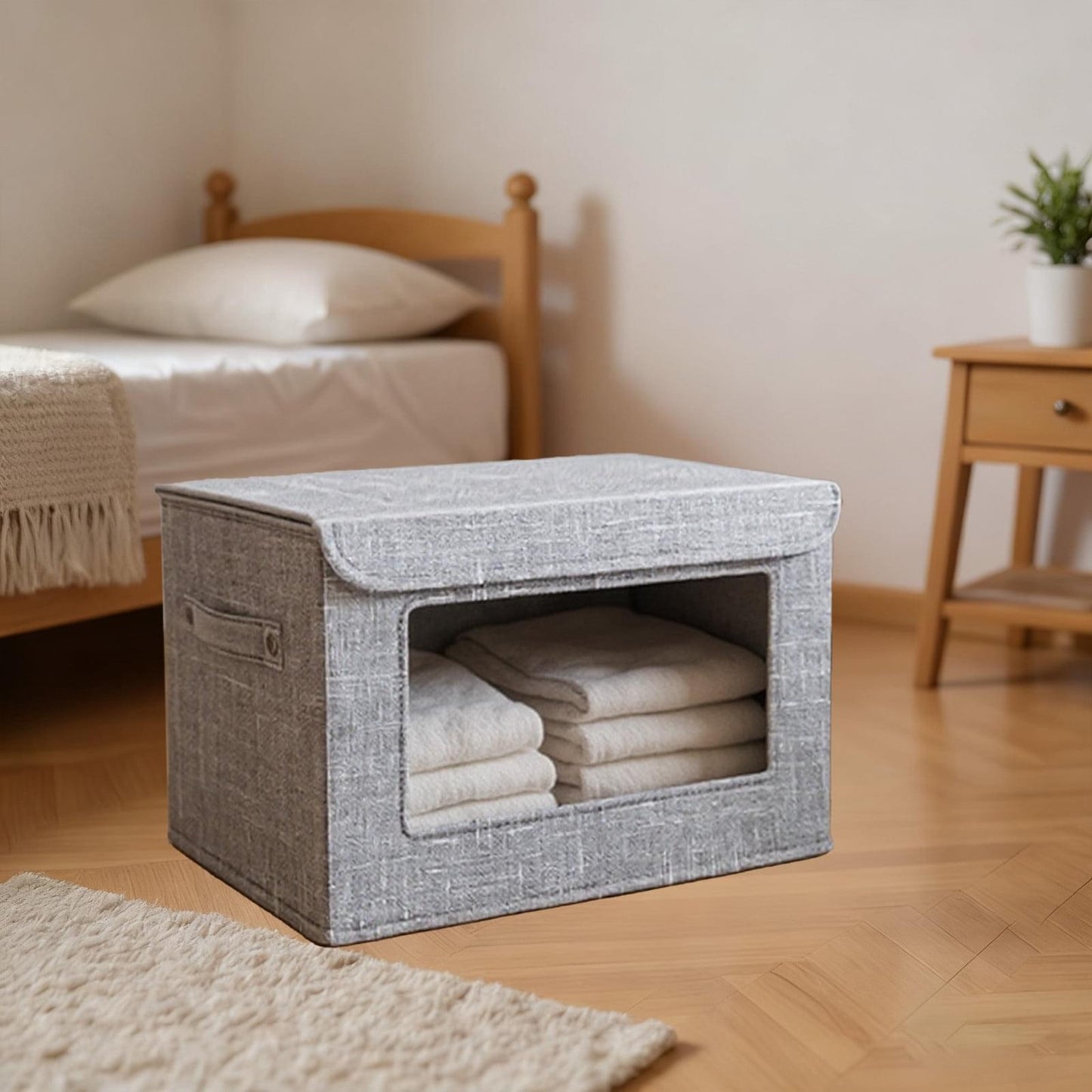 Foldable clothes storage bin with clear window and lid, gray fabric with tan panel