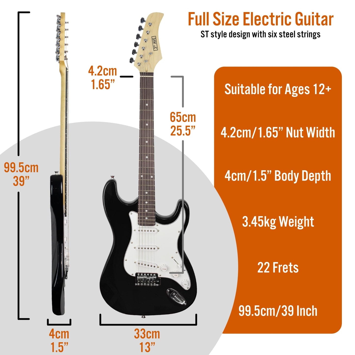 Black electric guitar with maple headstock and 6-string full-size body
