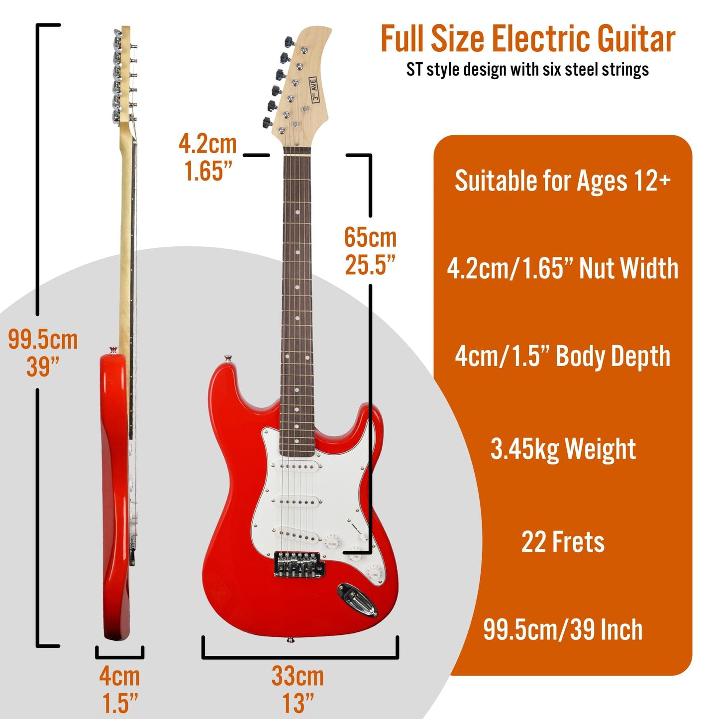 Red electric guitar size chart with measurements and 22-fret overview