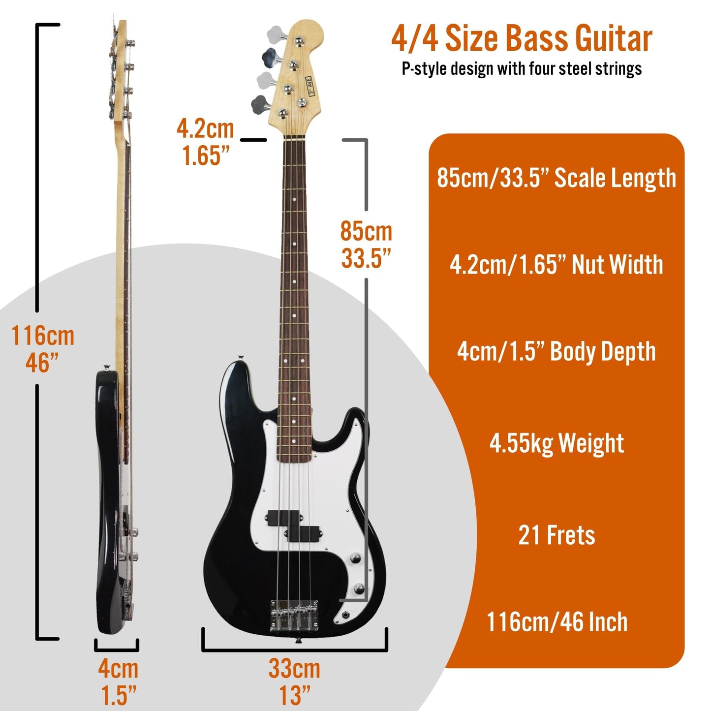 Bass guitar size chart showing 85cm/33.5in scale and 21 frets
