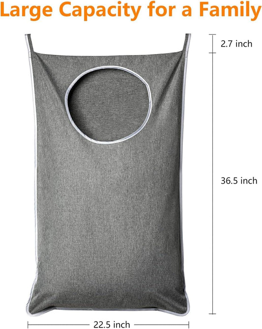 Gray hanging laundry hamper bag with large round opening and top suspension straps