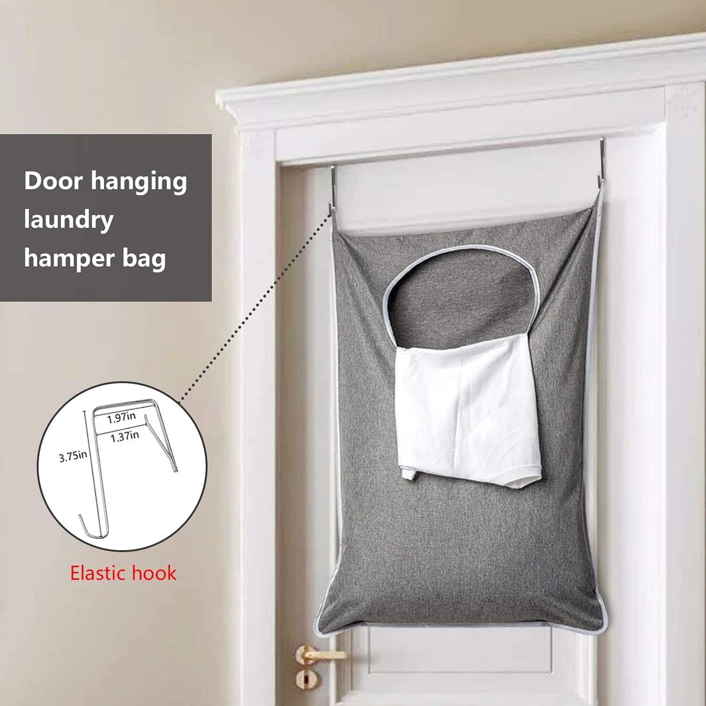 Gray hanging laundry hamper bag with door hanging hooks and round top opening