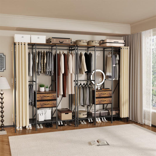 Wardrobe closet with hanging rods, shelves, drawers, and beige side curtains
