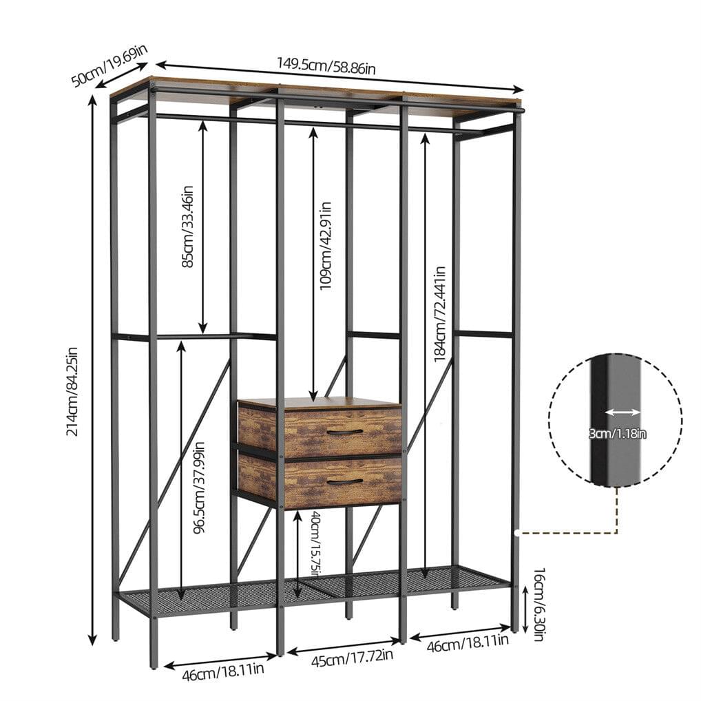 Wardrobe closet dimension diagram with metal frame, shelves, and drawers