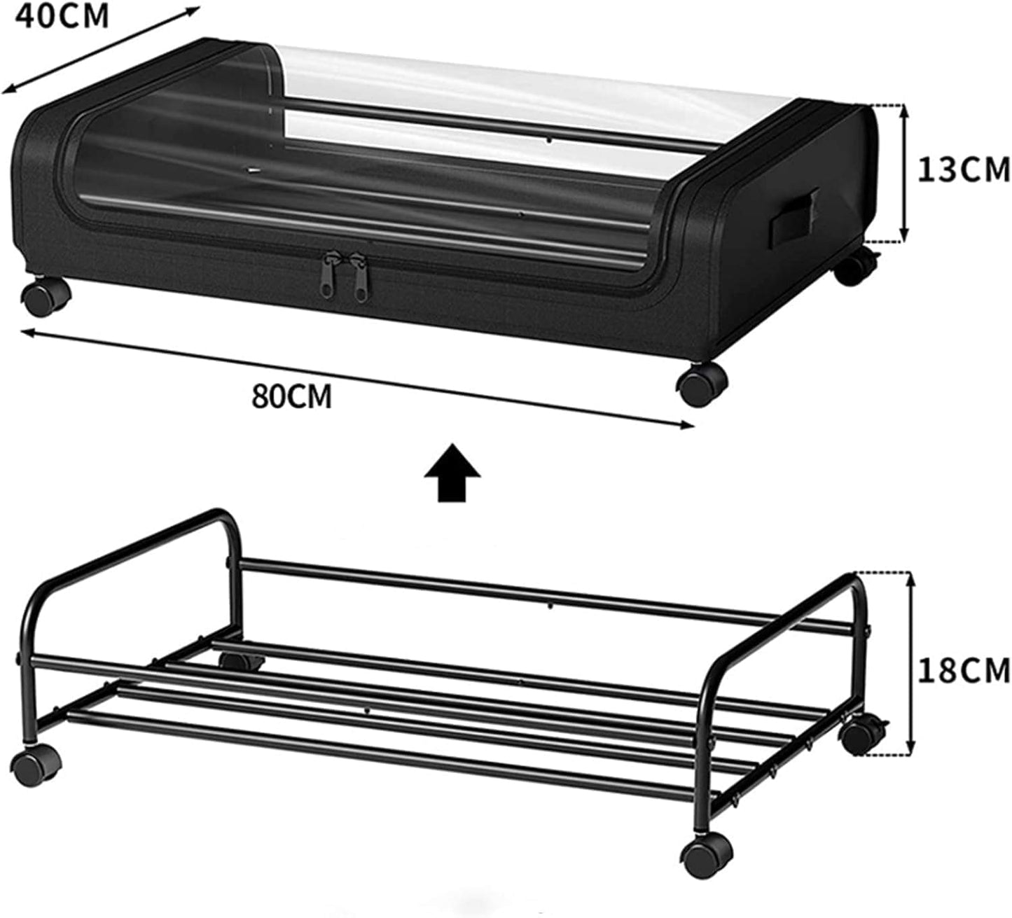Black rolling under-bed storage bin with clear lid, shown with dimensions and wheel base.