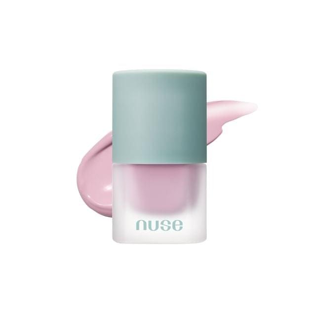 Cheek blush with soft mauve-pink smear, teal cap, white nuse container