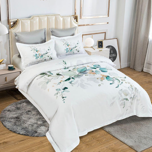 White super king quilt cover set with green eucalyptus and orange floral accents