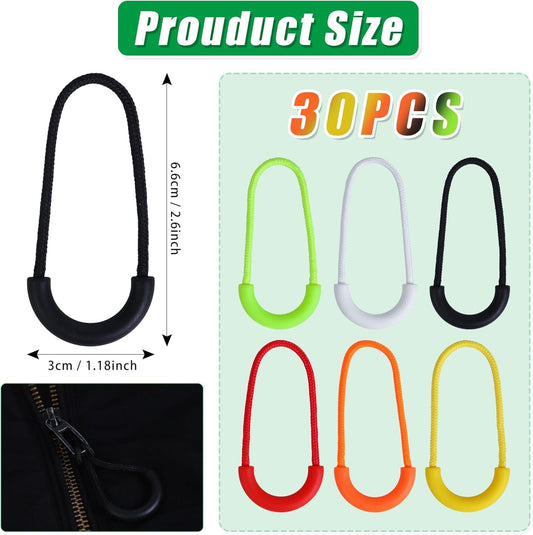 U-shaped zipper pull cords set, 30 pcs, with black and colored loop handles