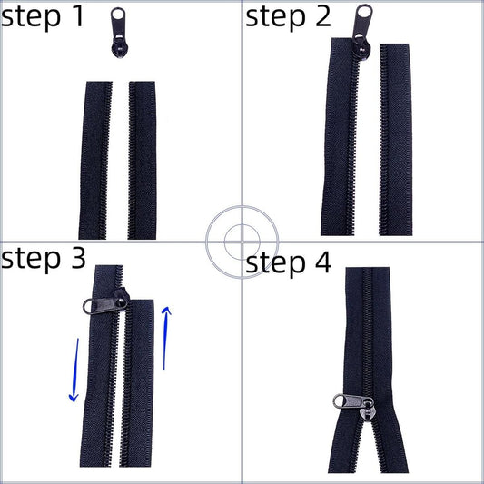 Zipper repair kit step view: two nylon zippers aligned for replacement