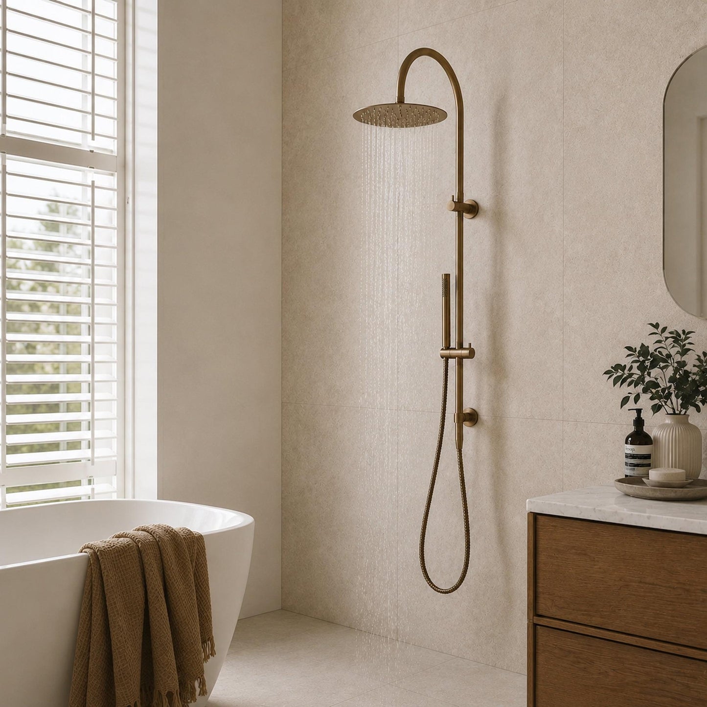 Antique brass shower combo with rain head and hose, wall mounted for bathtub