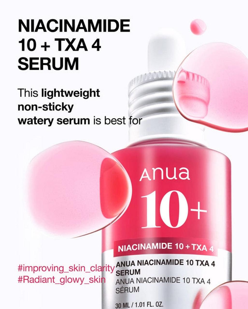 Anua niacinamide TXA 4% serum bottle with watery pink gel droplets and dropper