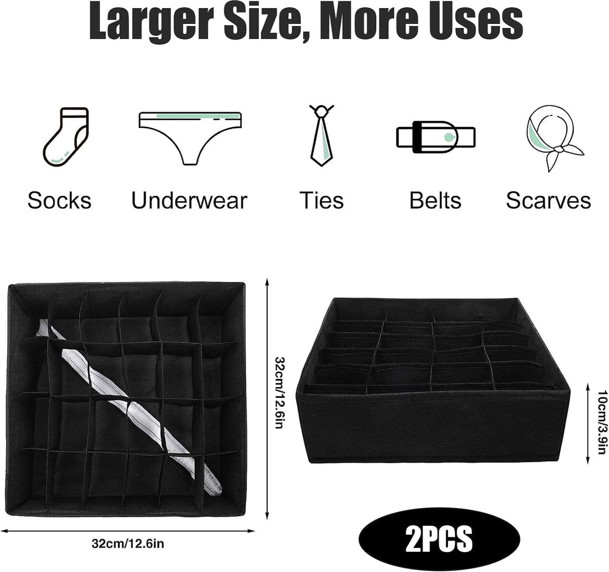 Underwear Storage Boxes - 2 Pieces - 24 Compartments - Drawer Organizer - Bra Organizer - Sock Organizer - Collapsible Storage Box - Underwear Divider - For Wardrobe - Foldable - For Underwear, Bras, Socks, Lingerie, Scarves - In Closet or Drawer