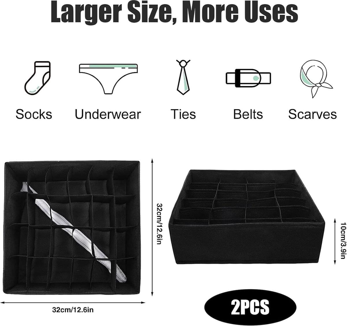 Two-piece collapsible underwear organizer set with 24-compartment bins for socks