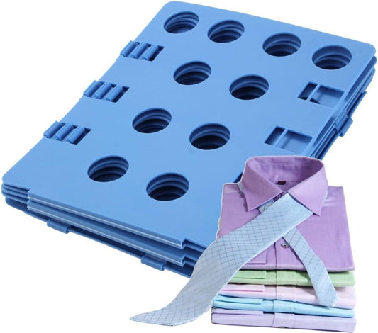 Blue clothes folding board with circular holes and stacked shirts