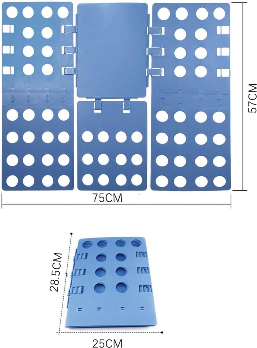 Blue clothes folding board with measurement diagram and size panels