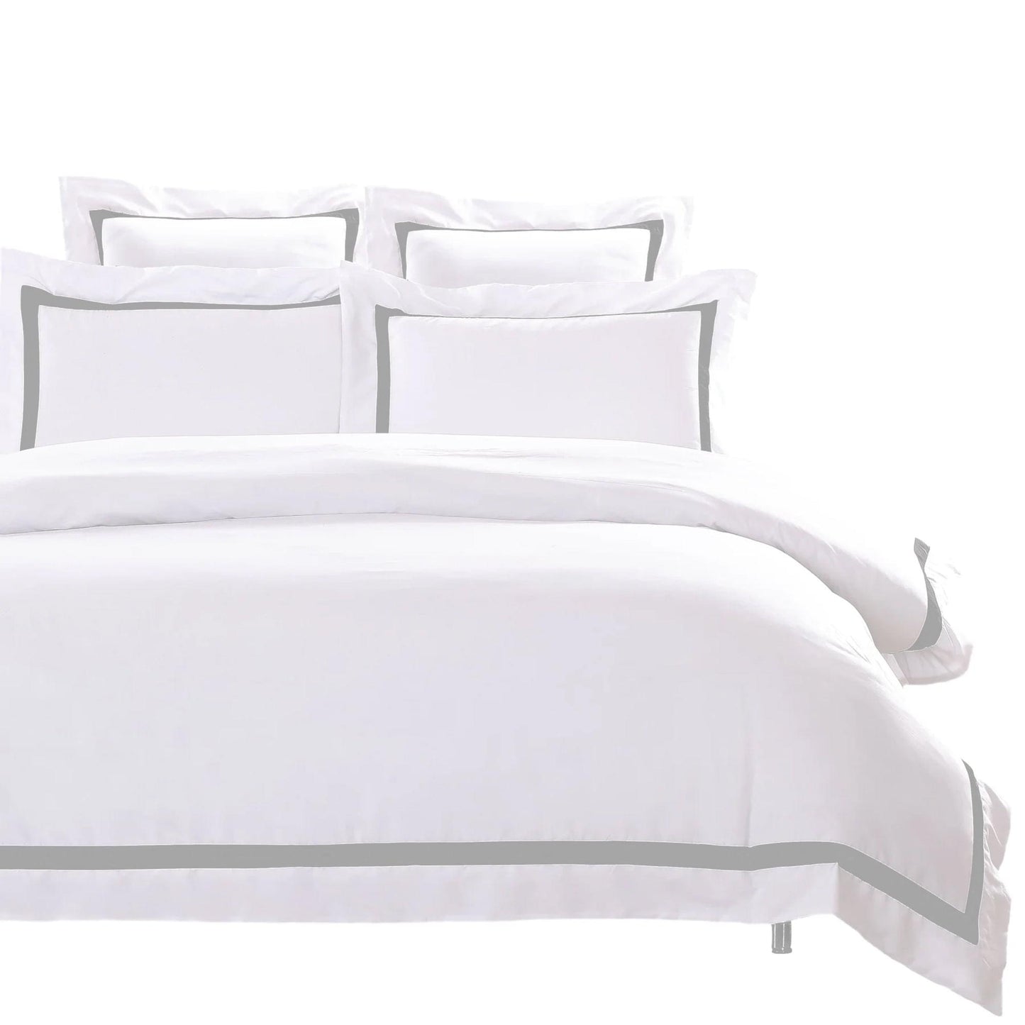 White duvet cover with light grey horizontal trim and two pillow shams