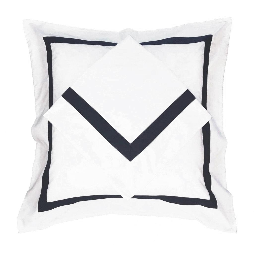 White European pillowcase with black border and chevron design on a square pillow.