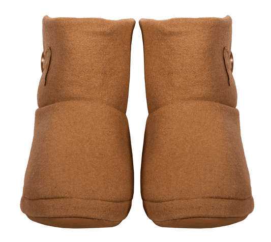 Chestnut arch-support slippers, back view with round button detail