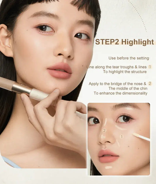 Highlighter & contour liquid duo applied on face, with wand applicator near cheek