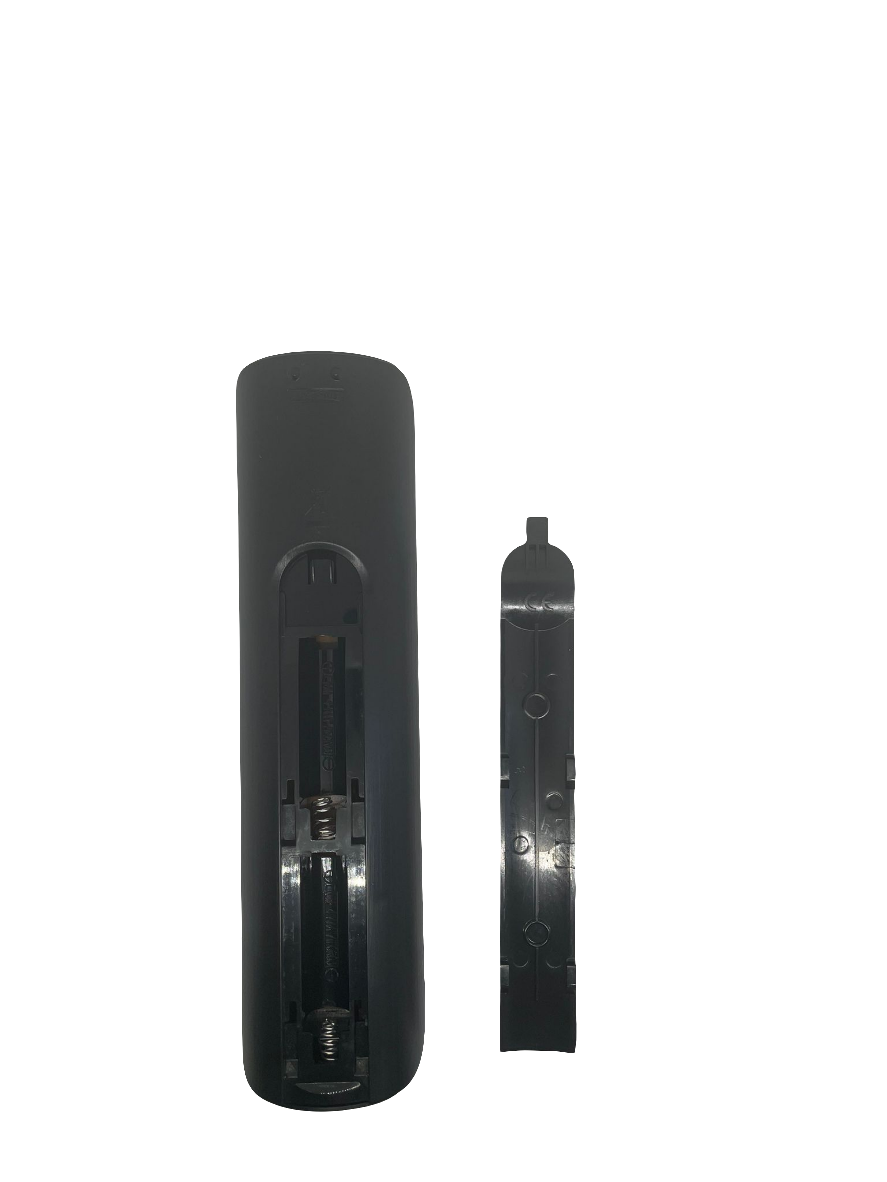 Black smart TV remote control body with back panel showing battery compartment details