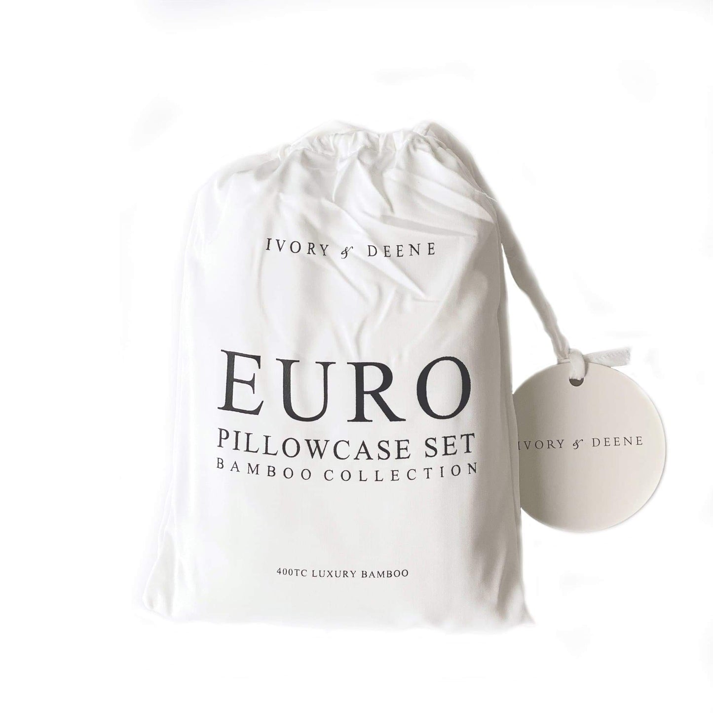 Ivory & DEENE Euro pillowcase set pouch with hang tag and bamboo collection text