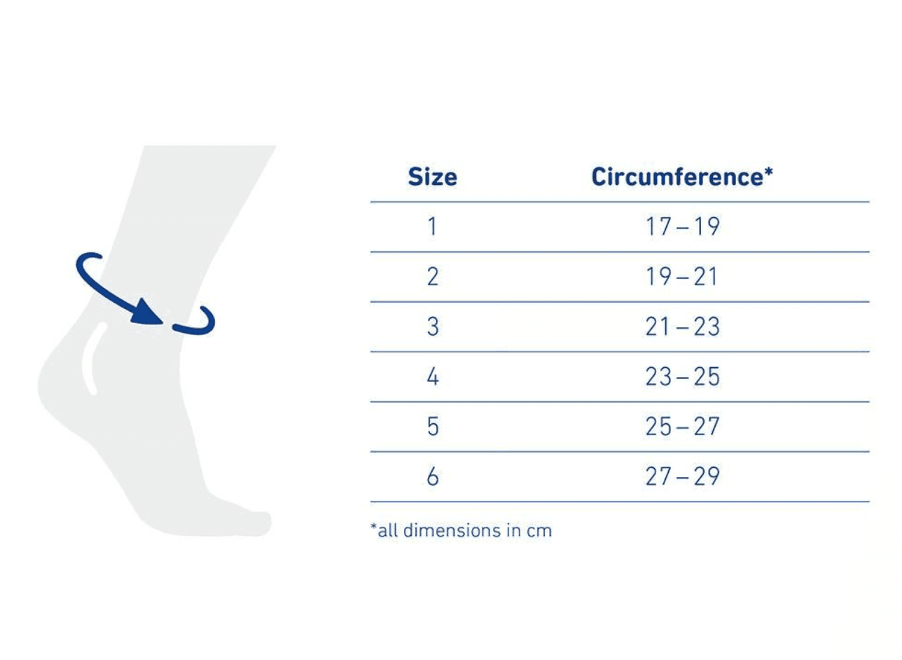 Ankle support brace size chart with circumference ranges by size (cm).