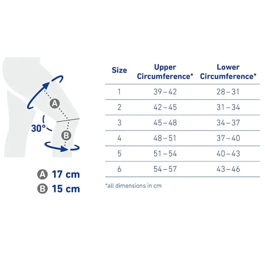 Knee brace size chart with upper/lower circumference and A 17 cm, B 15 cm
