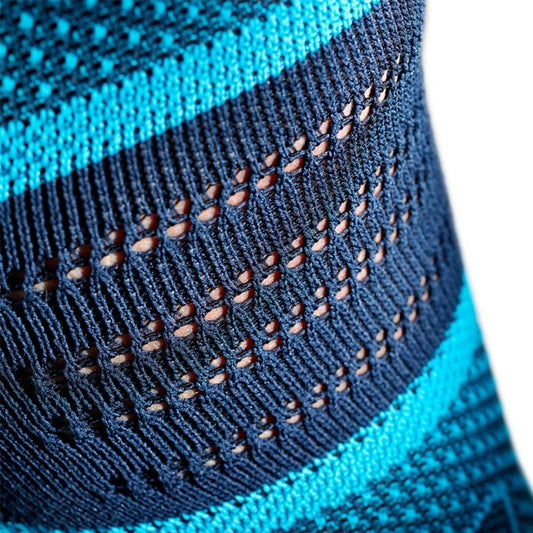 Close-up knit knee brace texture with stitched reinforcement lines