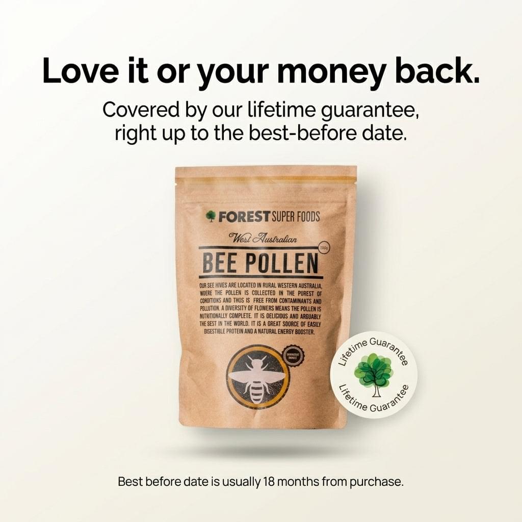 Bee pollen pouch with guarantee badge on brown kraft paper package