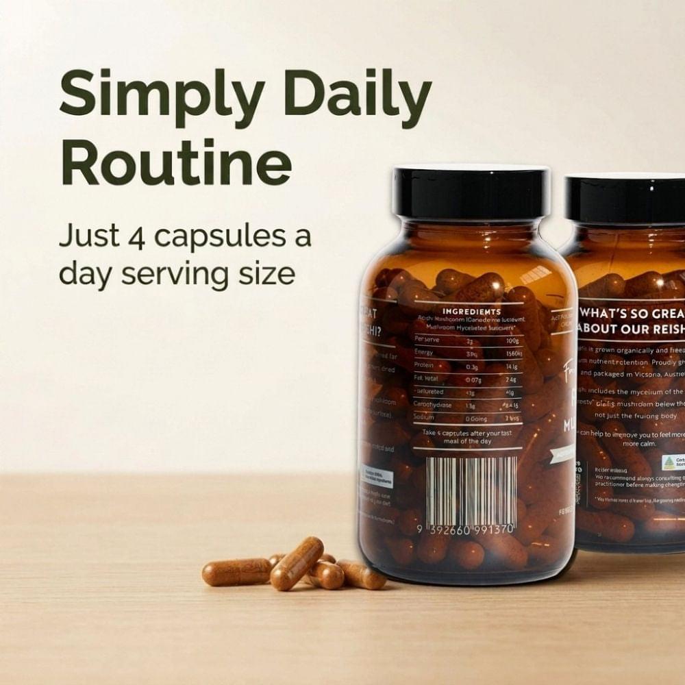 Reishi mushroom capsules bottle with visible supplement facts label and capsules