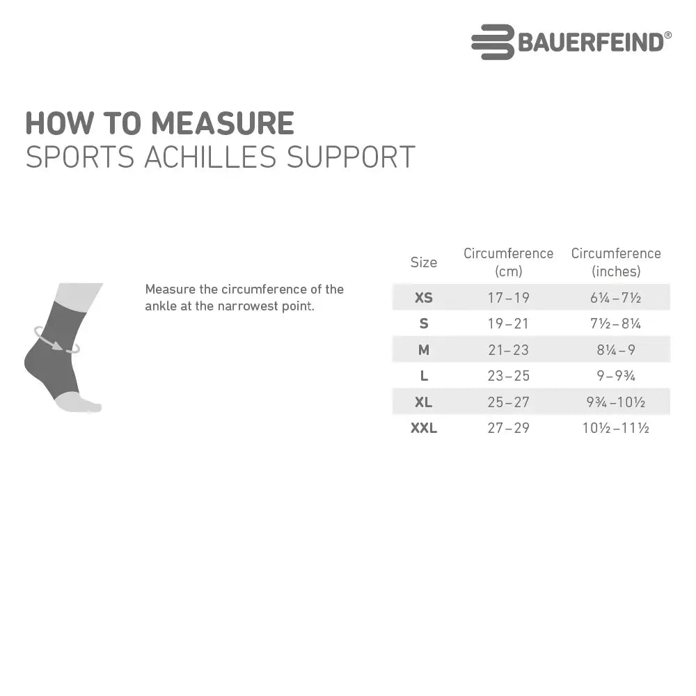BAUERFEIND how-to-measure chart for Sports Achilles Support sock size XS–XXL