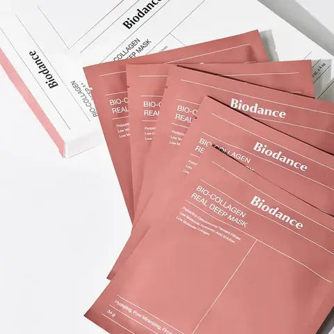 Biodance collagen real deep mask sachets, pink face masks in a set