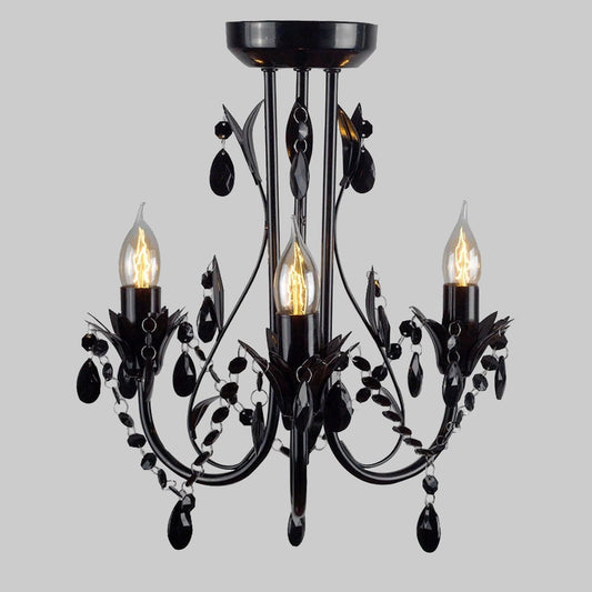 Black 3-light chandelier with leaf scrollwork, teardrop drops, and candle-style bulbs