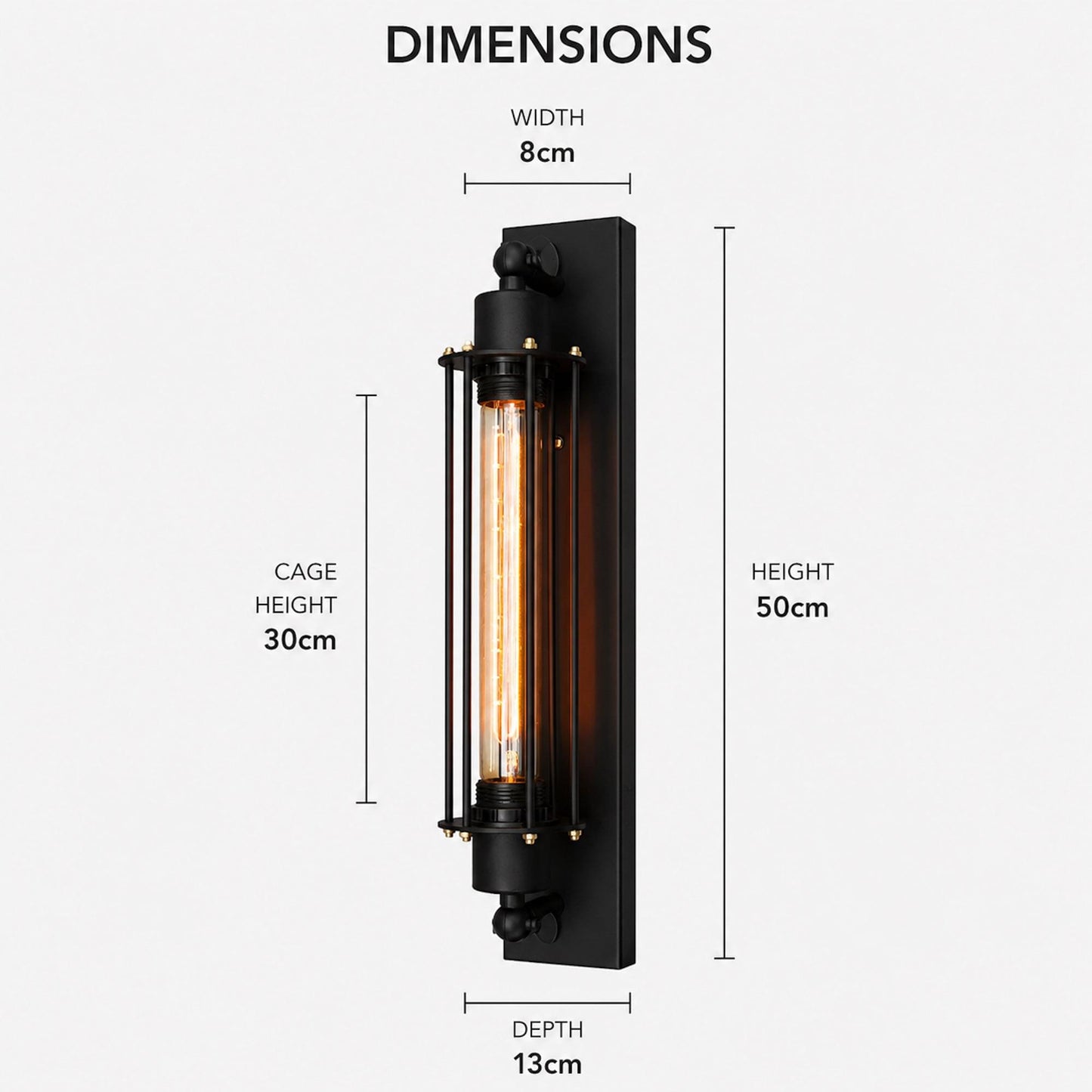 Black wall sconce lamp size diagram with width, depth, and height