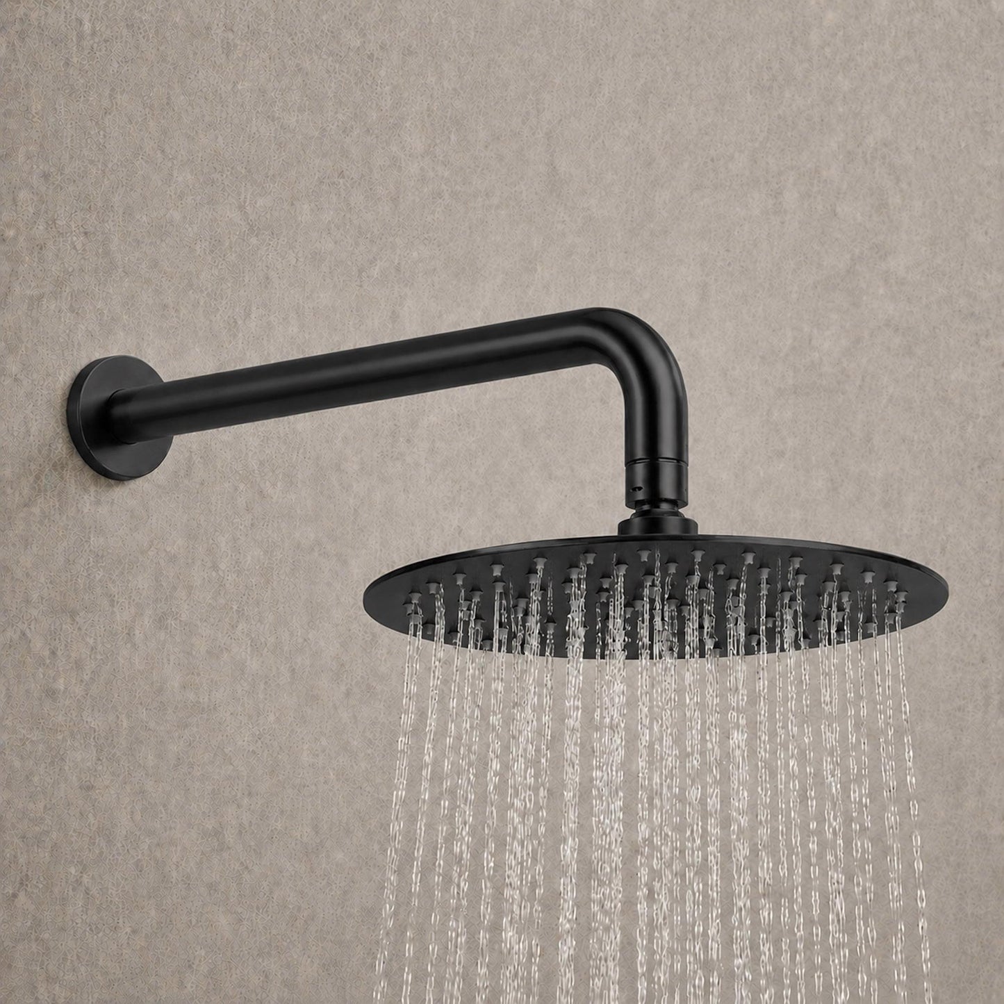 Matte black rainfall shower head with water spray underneath