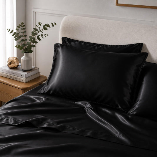 Black satin pillowcase set on bed, smooth sheen with folded pillow