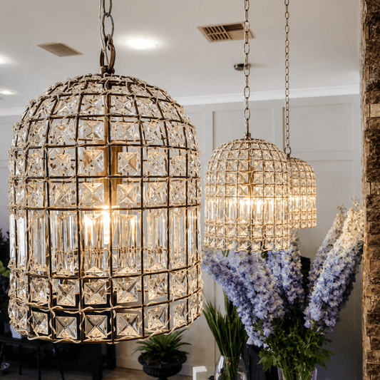 Dome crystal chandelier in brass finish with faceted glass grid and chain