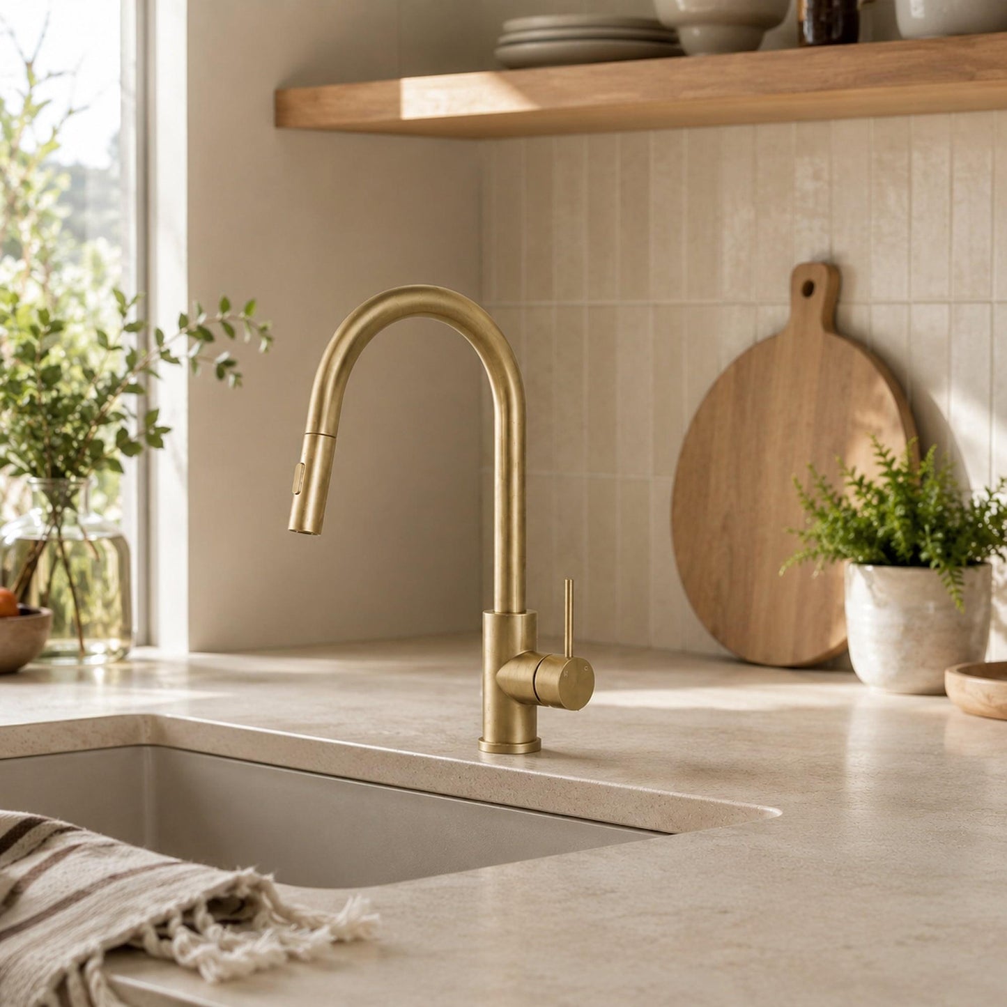 Brushed brass kitchen faucet with arched spout and side controls over undermount sink