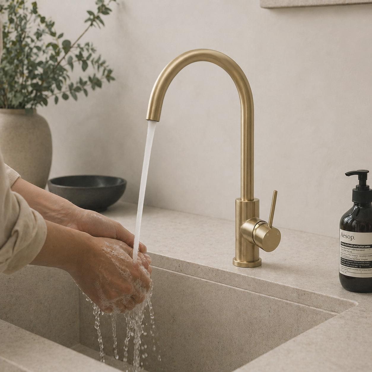 Brushed brass kitchen faucet pouring water from arched spout